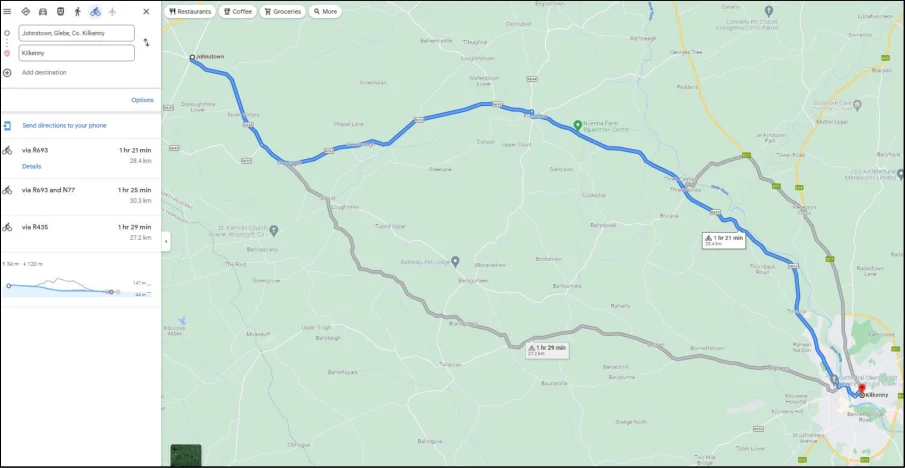 Figure 3.3: Example of flatter yet slightly longer route being selected ( ©Google 2022)