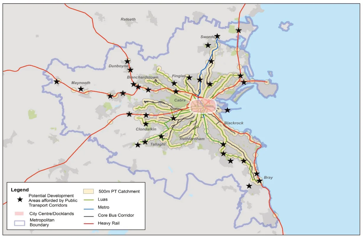 Figure 19.2: Potential Development Areas Afforded by Public Transport Corridors in the Metropolitan Area