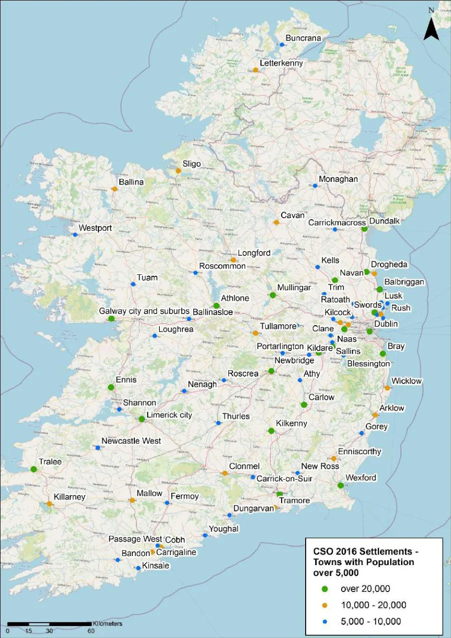 Figure 2.1: Settlements of over 5,000 inhabitants in the Republic of Ireland