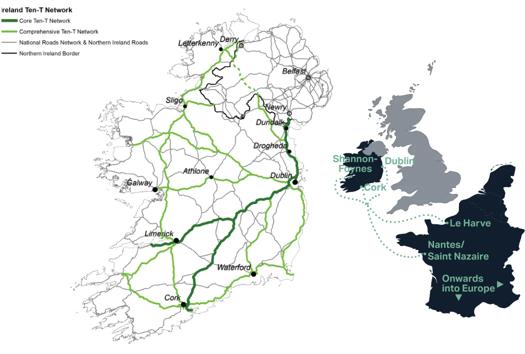 Figure 2.4 Ireland’s TEN-T network and TEN-T Atlantic corridor between Ireland and mainland Europe